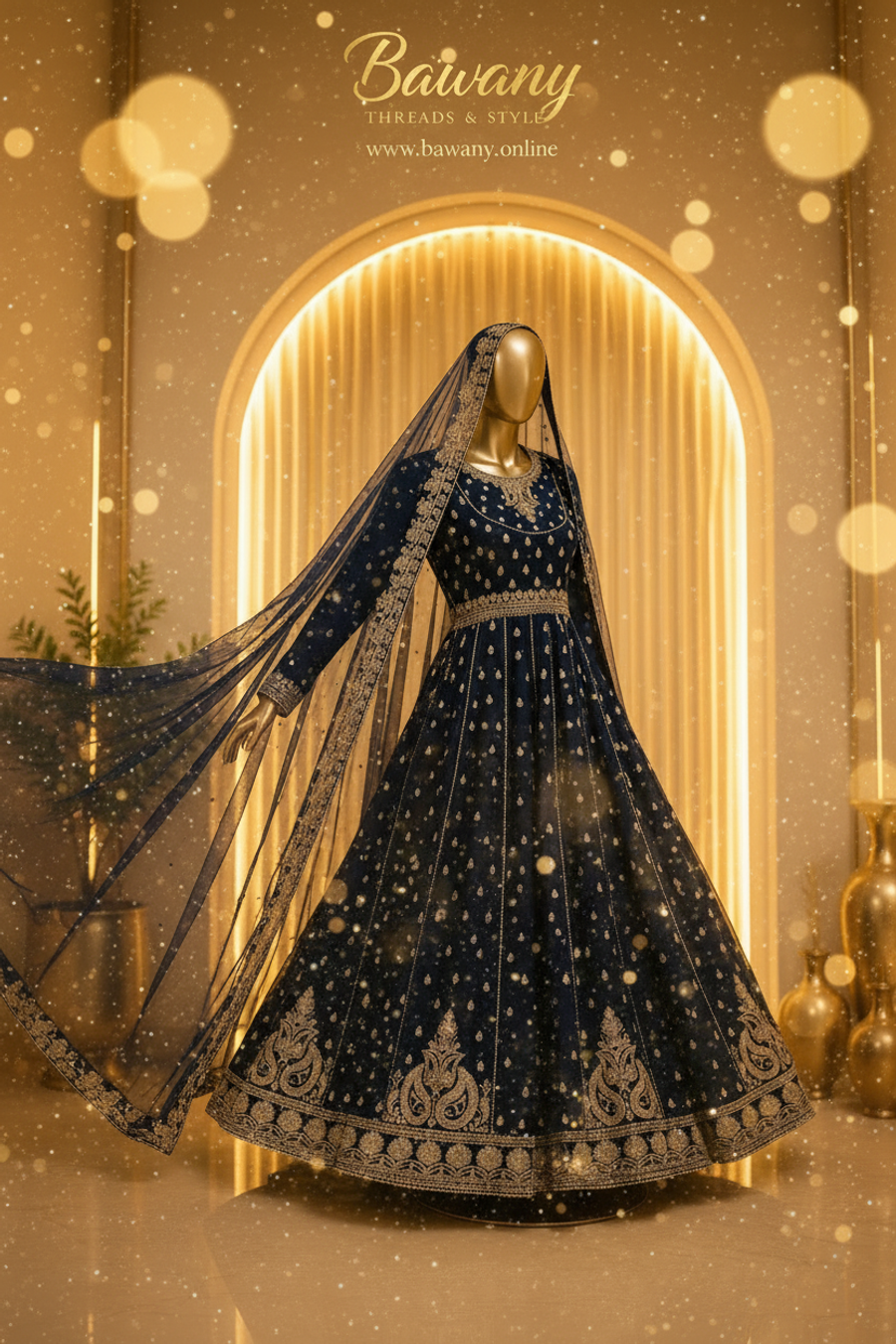Navy Blue Bridal Anarkali Gown | Gold Zardozi Embroidered | Full Flare Pakistani Bridal Dress | Midnight Navy Formal Wear | Barat & Walima Collection — view 2 — Formals by Bawany Threads & Style