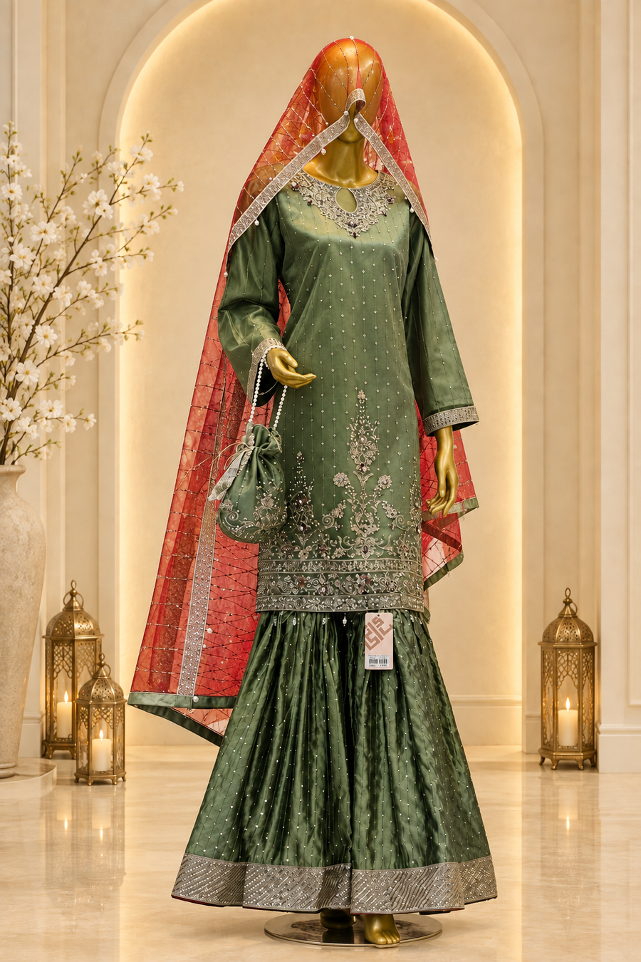 Olive Green Embroidered Ensemble | Silver Teardrop Neckline & Flared Trousers | Pakistani Formal Kameez | Sheer Maroon Dupatta | BAWANY Collection — Formals by Bawany Threads & Style