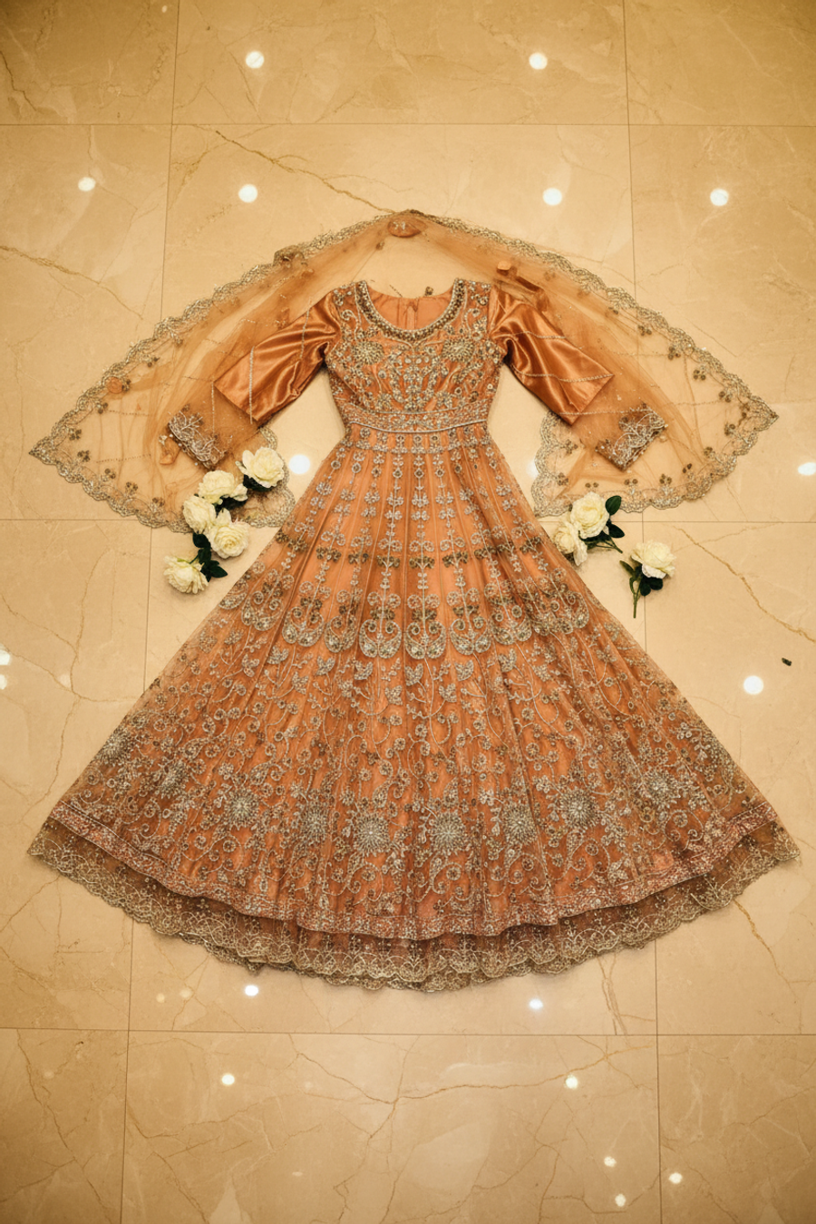 Dusty Rose Silver Embroidered Bridal Anarkali | Pearl & Crystal Work with Veil — view 4 — Bridal by Bawany Threads & Style
