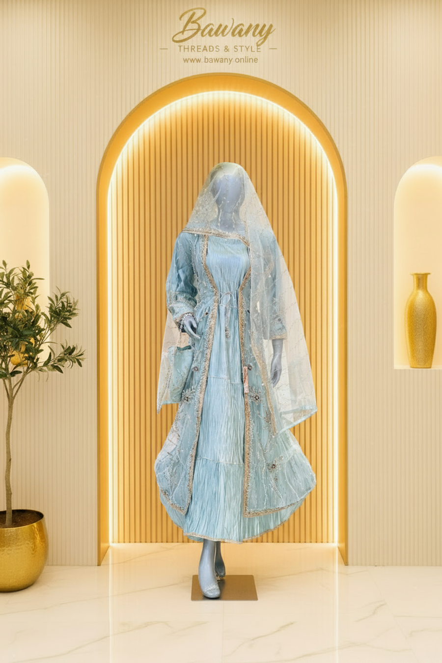 Icy Blue Pleated Embroidered | Silver-Gold Floral Vine Work | 3-Piece Pakistani Formal Suit | Sheer Ivory Dupatta & Matching Accessory | Festive Collection — Tissue by Bawany Threads & Style