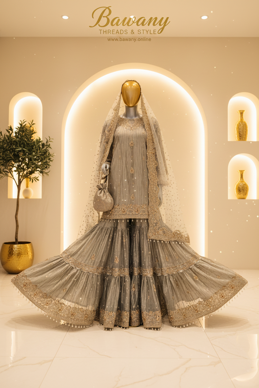 Silver Grey Crinkle Net Bridal Sharara Suit | Gold Zardozi Floral Brooches & Tiered Pearl Drop Fringe | 3-Piece Pakistani Formal Wear | Platinum Grey Wedding Suit | Walima & Nikah Collection — view 2 — Formals by Bawany Threads & Style