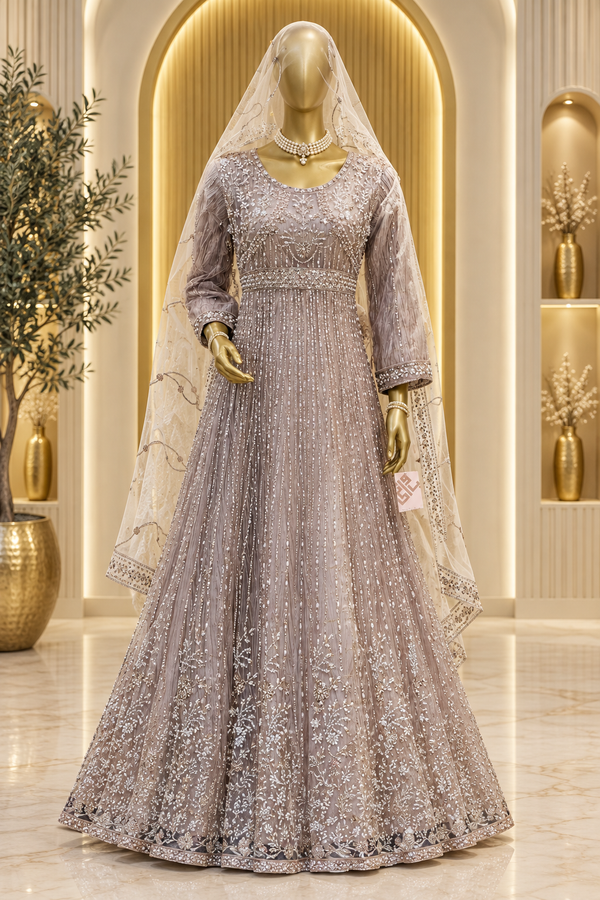 Lilac Grey Silver Bloom | Floral Embroidery & Vertical Beadwork | Pakistani Formal Flared Gown | Sheer Ivory Vine Dupatta | BAWANY Collection — Formals by Bawany Threads & Style