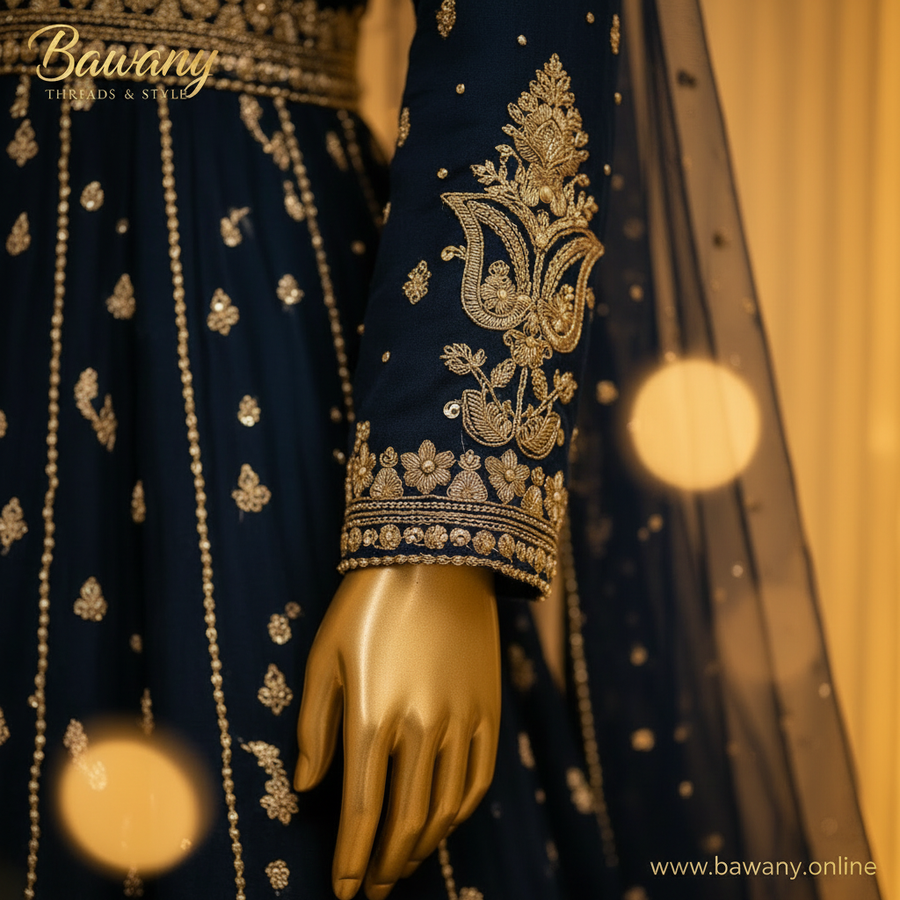 Navy Blue Bridal Anarkali Gown | Gold Zardozi Embroidered | Full Flare Pakistani Bridal Dress | Midnight Navy Formal Wear | Barat & Walima Collection — view 4 — Formals by Bawany Threads & Style