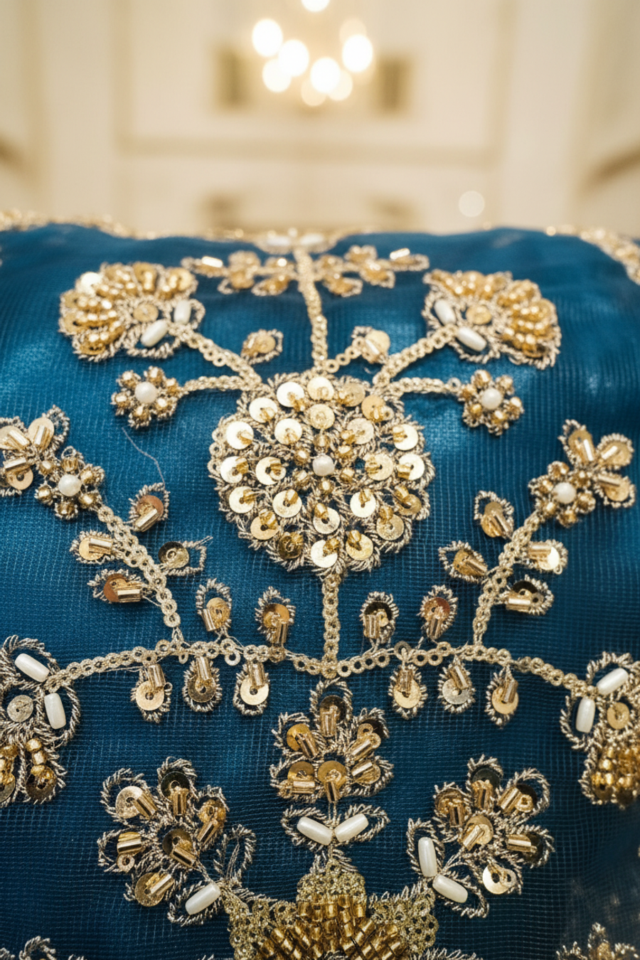 Teal Blue Heavy Zardozi Embroidered Bridal Anarkali | Gold Booti & Veil — view 4 — Bridal by Bawany Threads & Style