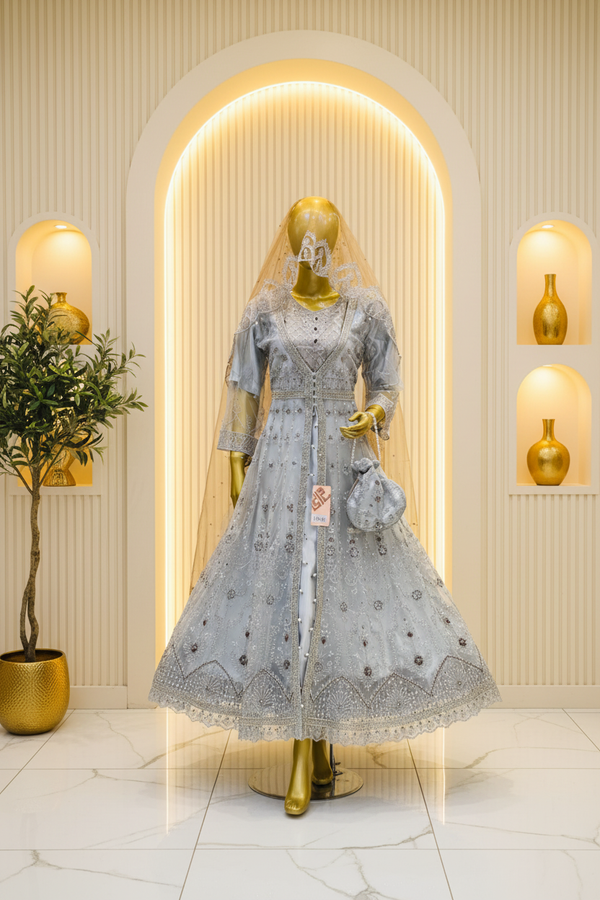 Pale Silver Embroidered Bridal Dress | Floral & Geometric Silverwork | Pakistani Formal Wear | Matching Veil & Potli | Wedding Collection — Formals by Bawany Threads & Style