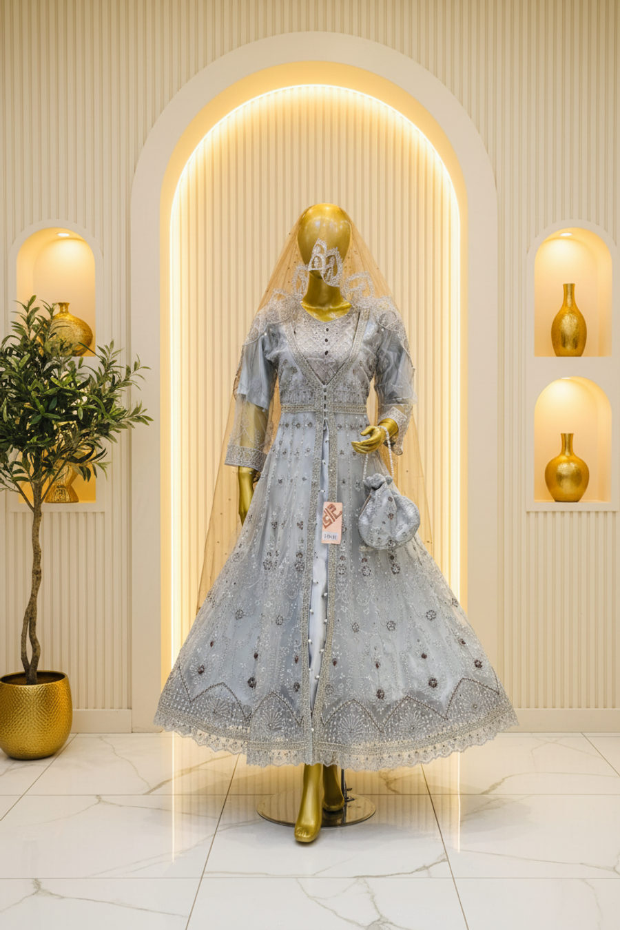 Pale Silver Embroidered Bridal Dress | Floral & Geometric Silverwork | Pakistani Formal Wear | Matching Veil & Potli | Wedding Collection — Formals by Bawany Threads & Style