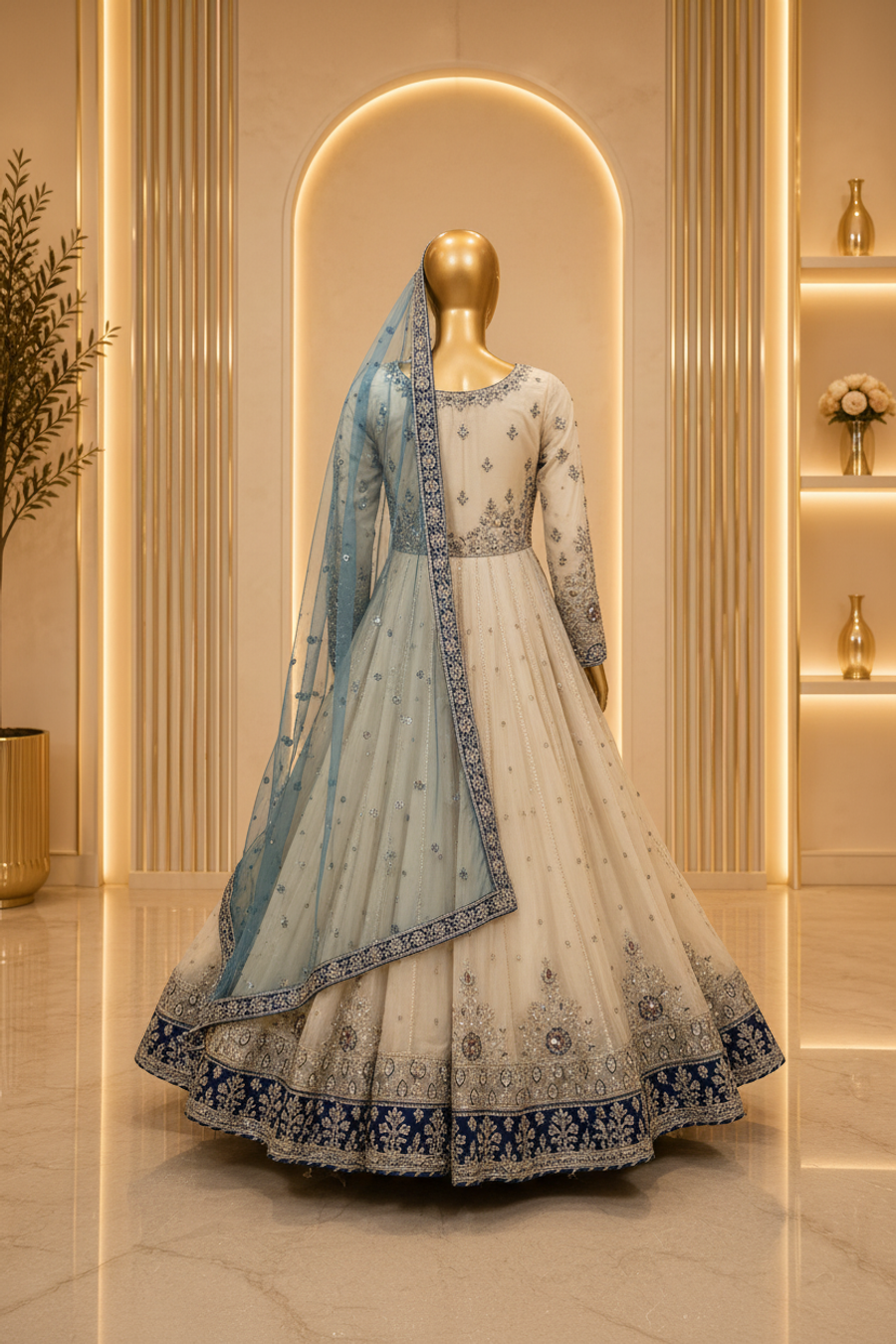 Champagne Ivory Organza Anarkali Gown with Sky Blue Dupatta & Navy Embroidered Hem — view 3 — Bridal by Bawany Threads & Style