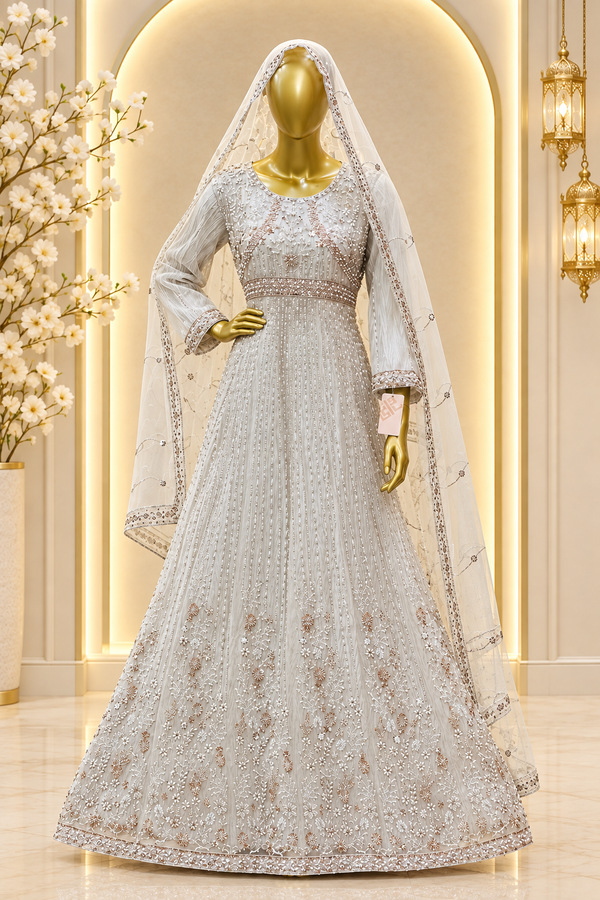 Silver Grey Ivory Pearl Gown | Metallic Floral Embroidery & Vertical Shimmer Detailing | Long Flared Silhouette | Sheer Bordered Veil | BAWANY Threads & Style — Organza by Bawany Threads & Style