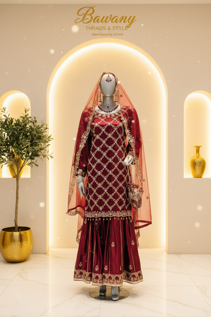 Deep Maroon Bridal Sharara Set | Full-Body Diamond Lattice Gold Zardozi & Pearl Drop Tassels | 3-Piece Pakistani Bridal Wear | Dark Burgundy Velvet Kurti | Floral Bouquet Motifs at Every Lattice Intersection | Wide Flared Sharara & Matching Dupatta | Barat & Walima Collection — Formals by Bawany Threads & Style