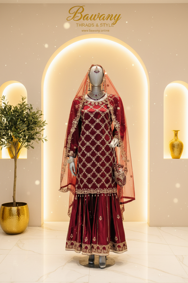 Deep Maroon Bridal Sharara Set | Full-Body Diamond Lattice Gold Zardozi & Pearl Drop Tassels | 3-Piece Pakistani Bridal Wear | Dark Burgundy Velvet Kurti | Floral Bouquet Motifs at Every Lattice Intersection | Wide Flared Sharara & Matching Dupatta | Barat & Walima Collection — Formals by Bawany Threads & Style