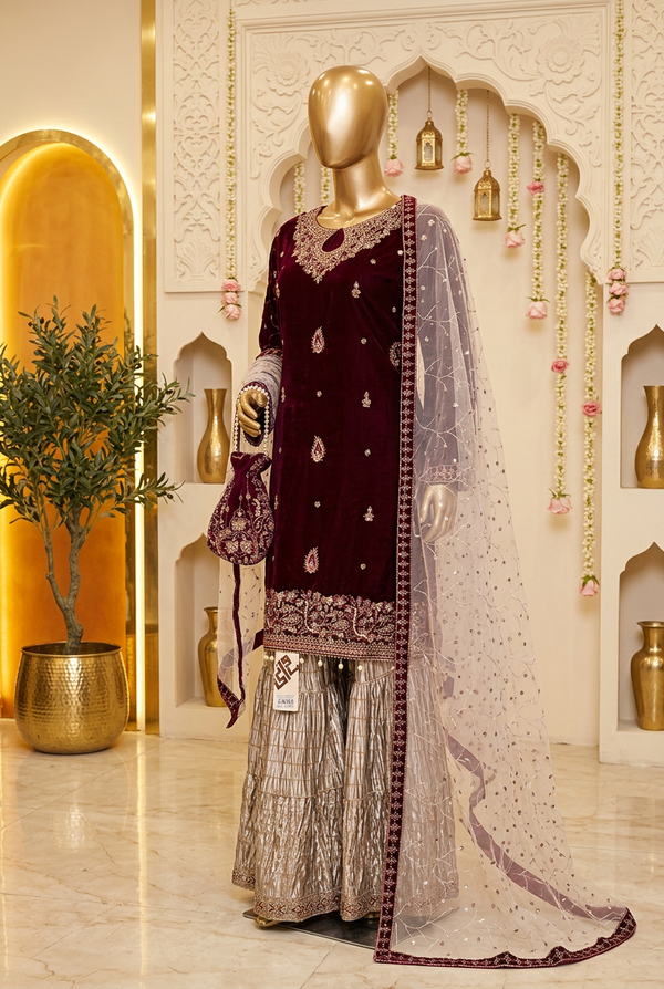 Burgundy Royal Paisley | Teardrop Neckline & Pearl-Drop Hem | Pakistani Formal Kameez Ensemble | Champagne Flared Trousers & Matching Potli | BAWANY Collection — Bridal by Bawany Threads & Style