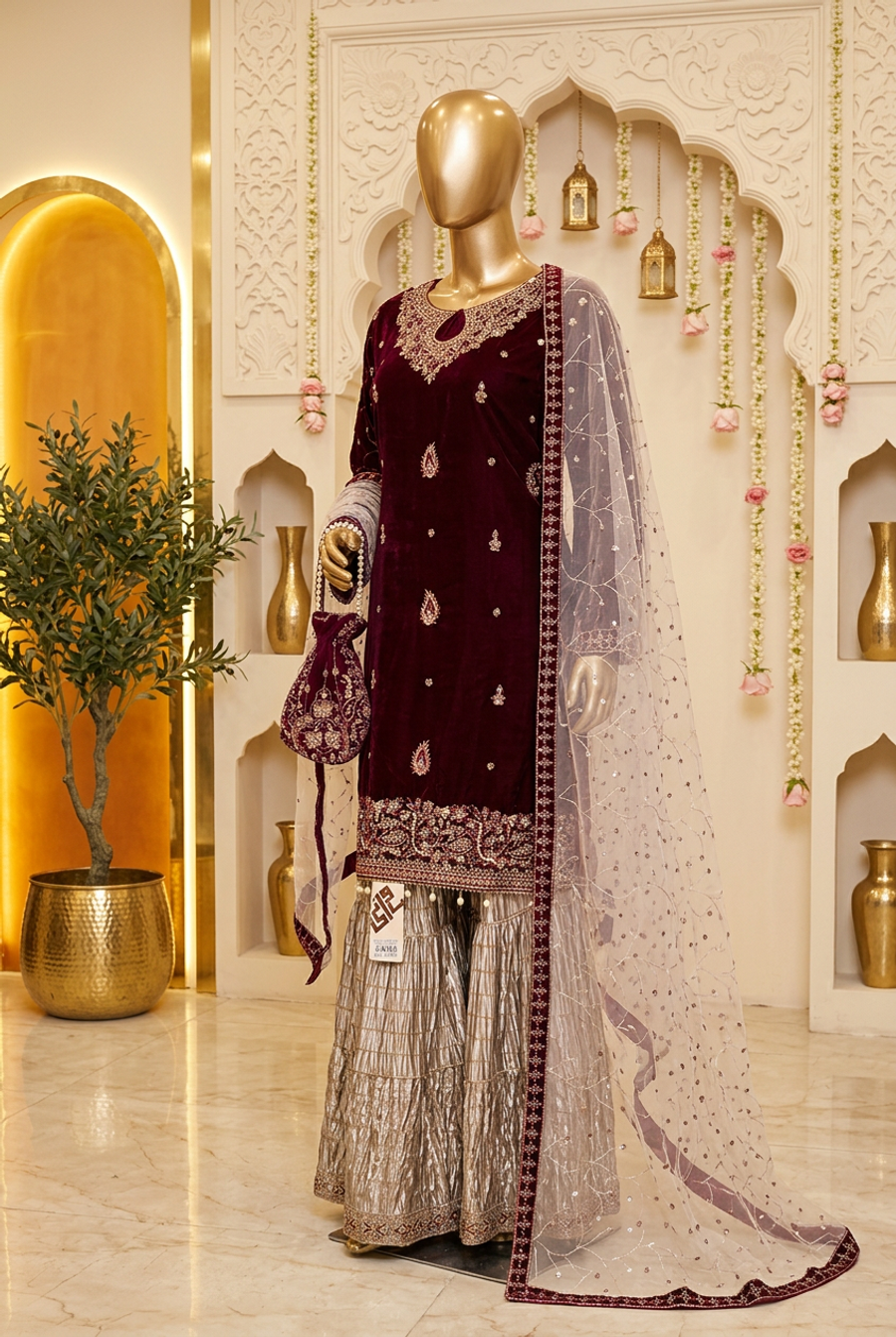 Burgundy Royal Paisley | Teardrop Neckline & Pearl-Drop Hem | Pakistani Formal Kameez Ensemble | Champagne Flared Trousers & Matching Potli | BAWANY Collection — view 2 — Bridal by Bawany Threads & Style