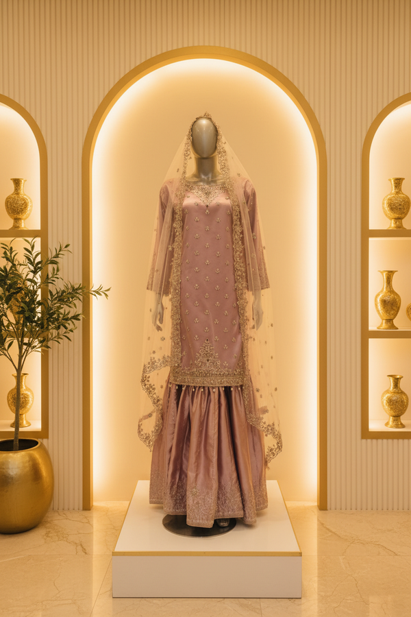 Dusty Lilac Silver Embroidered Bridal Gharara Set | Crystal Booti & Veil — Organza by Bawany Threads & Style