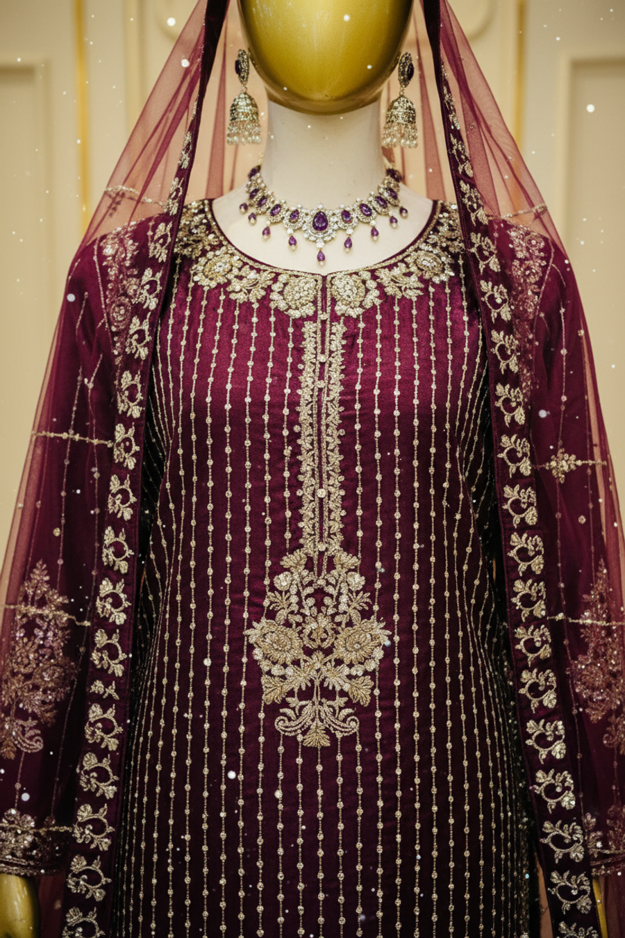 Deep Plum Wine Silk Suit | Silver Sequin Jaal & Gold Embroidery with Pink Dupatta — view 3 — Bridal by Bawany Threads & Style