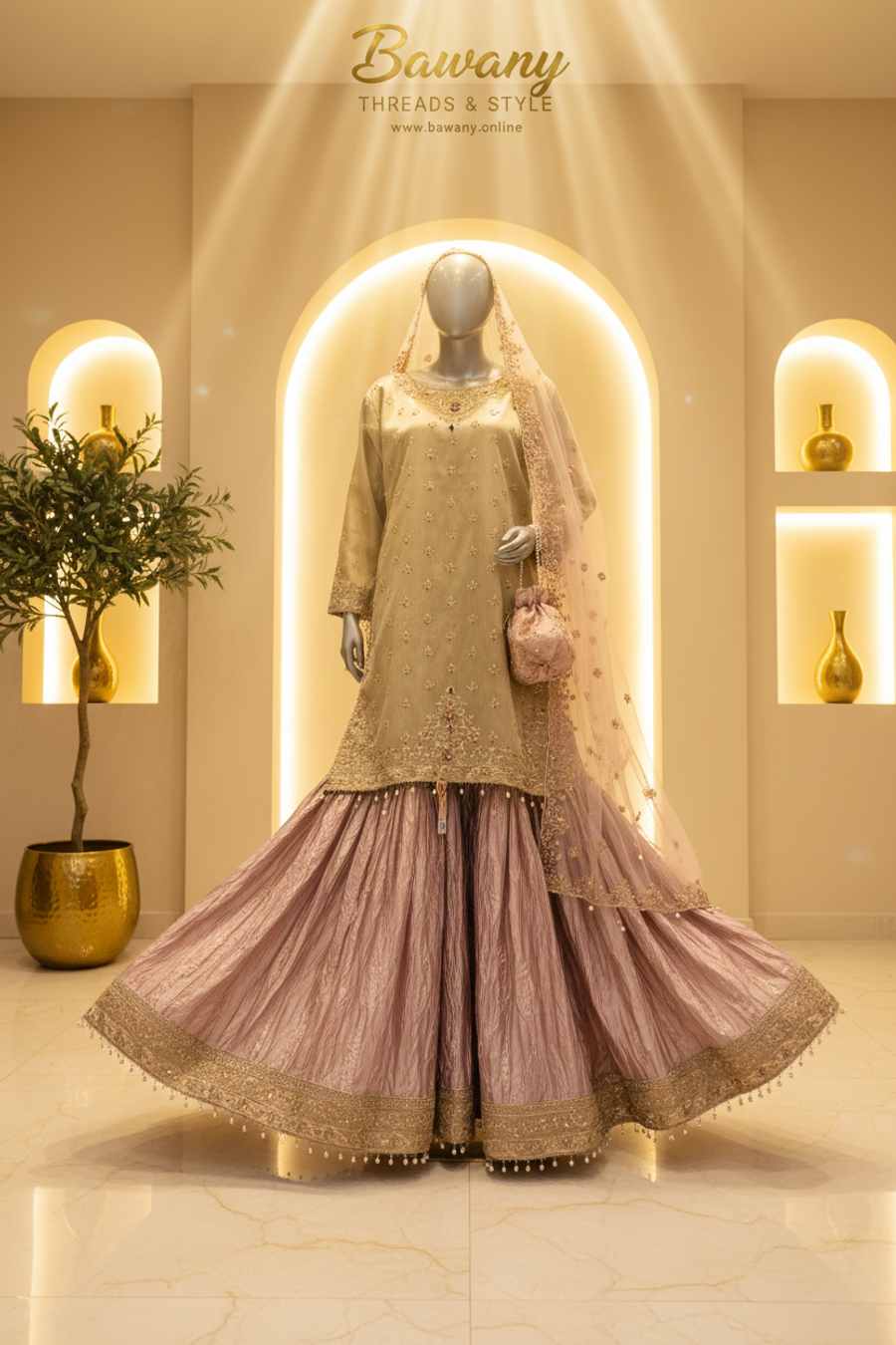 Olive & Mauve Two-Tone Bridal Gharara Set | Gold Zardozi Star Motifs & Pearl Drop Fringe | 3-Piece Pakistani Formal Suit | Sage Green & Lilac Pink | Walima & Barat Collection — view 2 — Formals by Bawany Threads & Style