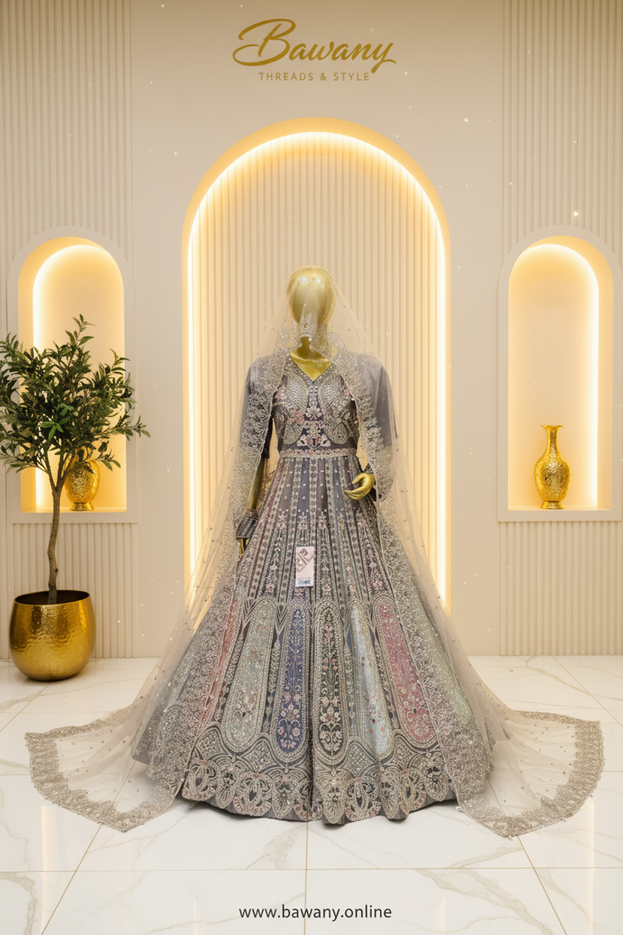 Silver Grey Bridal Lehenga Set | 3D Butterfly Chest & Ombre Panel Lehenga & Arch Dome Hem Border | 3-Piece Pakistani Bridal Wear | Silver Sequin Net Lehenga | Multicolour Ombre Panels | V-Neckline Zardozi Blouse | Barat & Walima Collection — Formals by Bawany Threads & Style