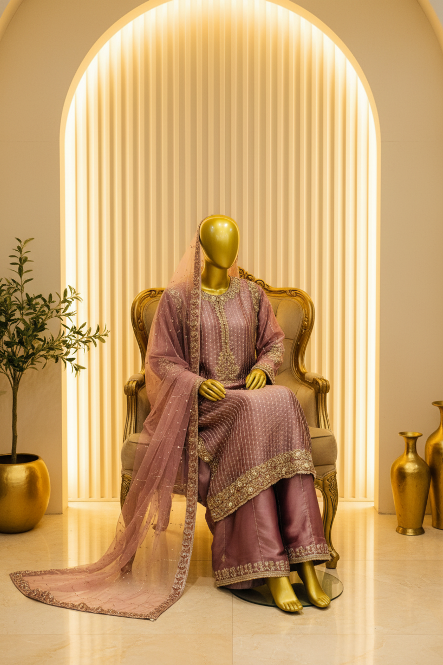 Dusty Rose Mauve Organza Gharara Set | Gold Zardozi Pendant Motif & Sequin Embroidery — view 3 — Bridal by Bawany Threads & Style