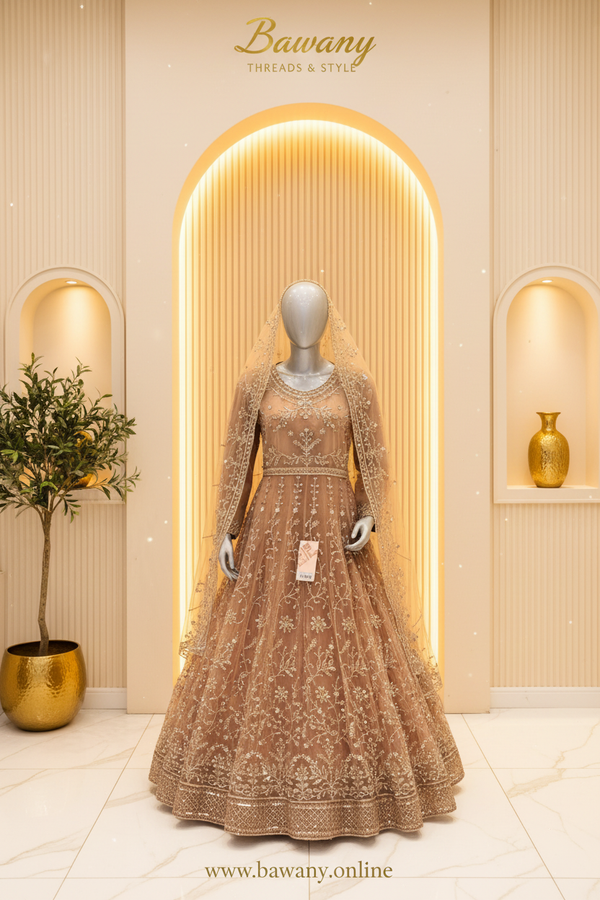 Rose Gold Bridal Anarkali Gown | Silver Zardozi Vine Embroidery & Spaced Floral Spray Motifs | 2-Piece Pakistani Formal Wear | Dusty Rose Wedding Gown | Matching Champagne Dupatta | Walima & Nikah Collection — Net by Bawany Threads & Style