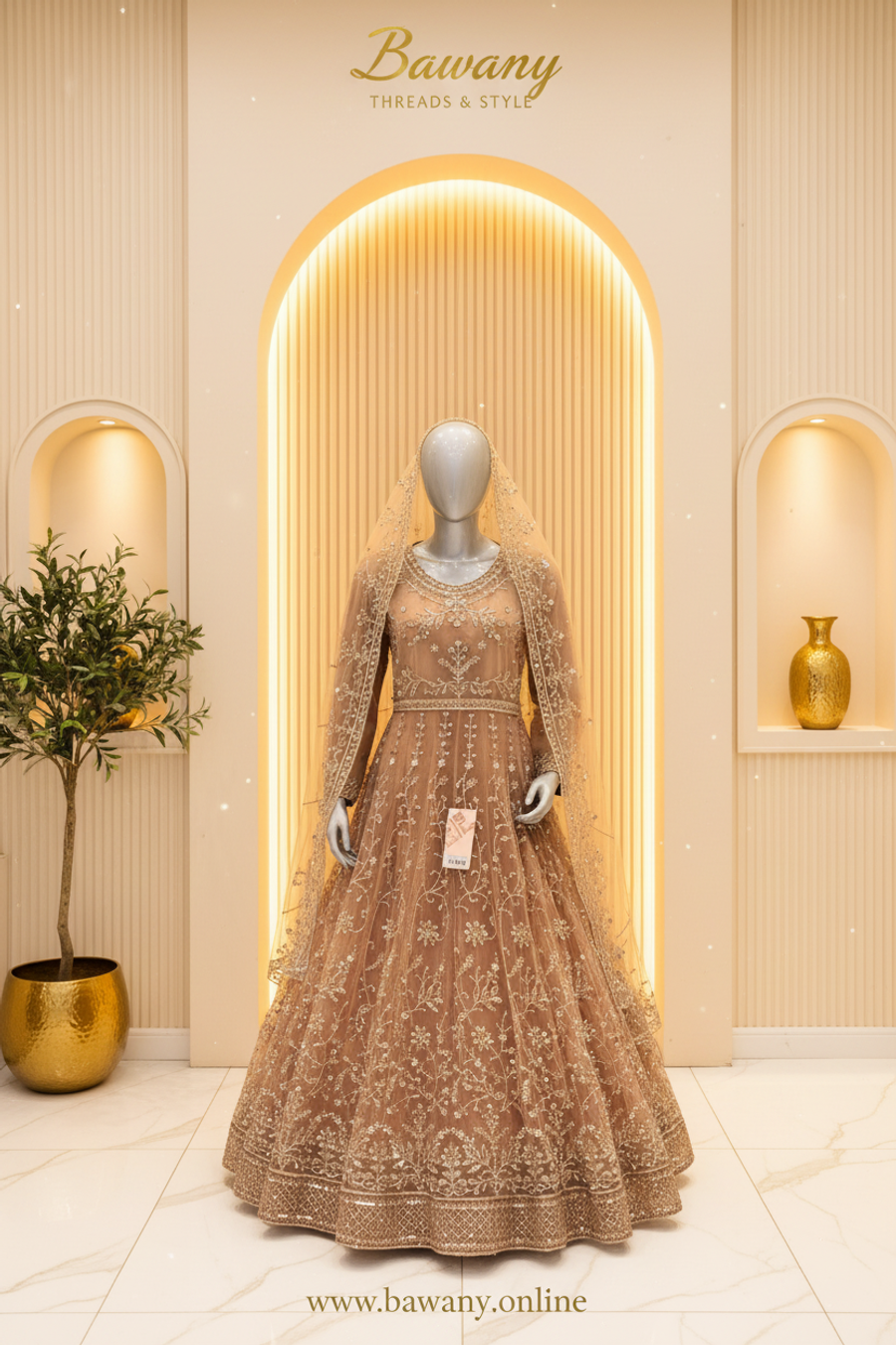 Rose Gold Bridal Anarkali Gown | Silver Zardozi Vine Embroidery & Spaced Floral Spray Motifs | 2-Piece Pakistani Formal Wear | Dusty Rose Wedding Gown | Matching Champagne Dupatta | Walima & Nikah Collection — Net by Bawany Threads & Style