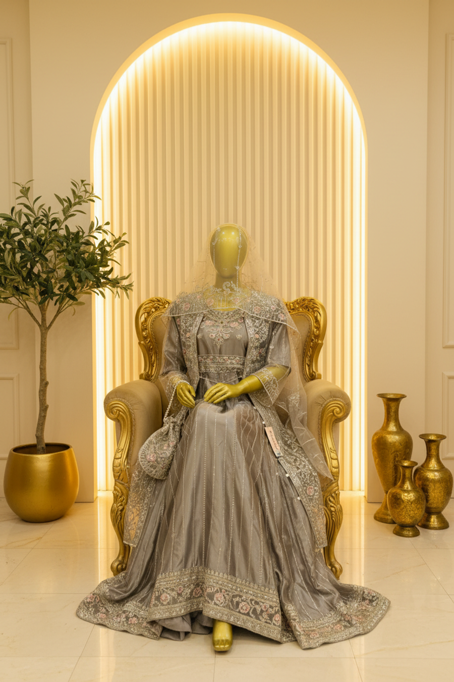 Silver Grey Silk Anarkali Gown with Embroidered Net Jacket | Pearl Tassel Belt & Potli Bag — view 3 — Bridal by Bawany Threads & Style