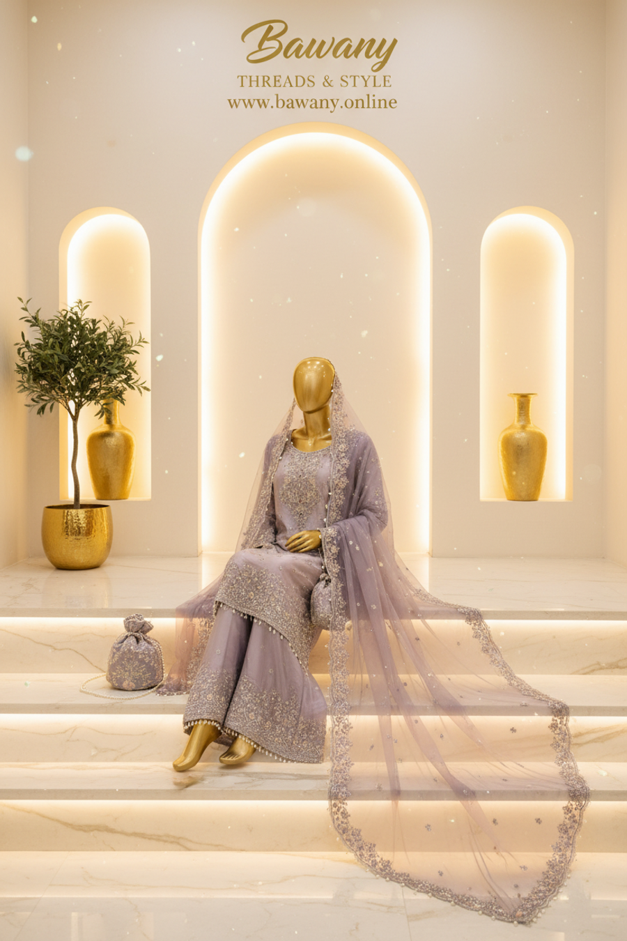 Dusty Lavender Bridal Palazzo Suit | Silver Zardozi Scalloped Collar & Floral Medallion | 3-Piece Pakistani Formal Wear | Mauve Purple Wedding Suit | Walima & Nikah Collection — view 2 — Tissue by Bawany Threads & Style