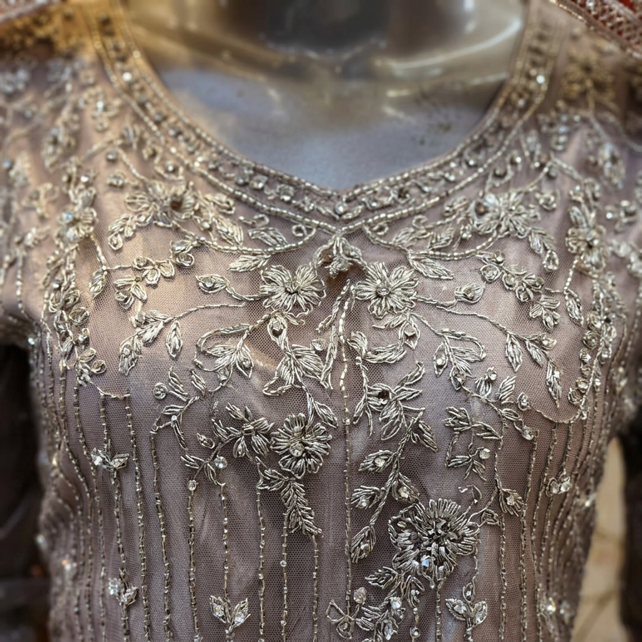 Grey Taupe Heritage Bloom | Silver Floral Embroidery & Olive-Green Hem | Pakistani Formal Flared Gown | Rust-Red Accents & Sheer Dupatta | BAWANY Collection — view 3 — Chiffon by Bawany Threads & Style