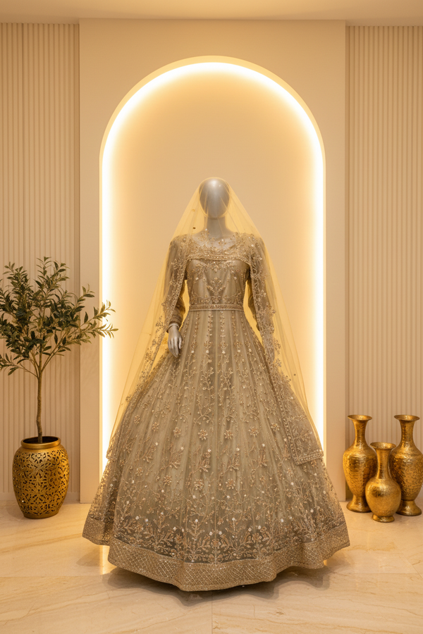 Sage Green Net Anarkali Gown | Gold Silver Sequin Embroidery with Veil — Bridal by Bawany Threads & Style