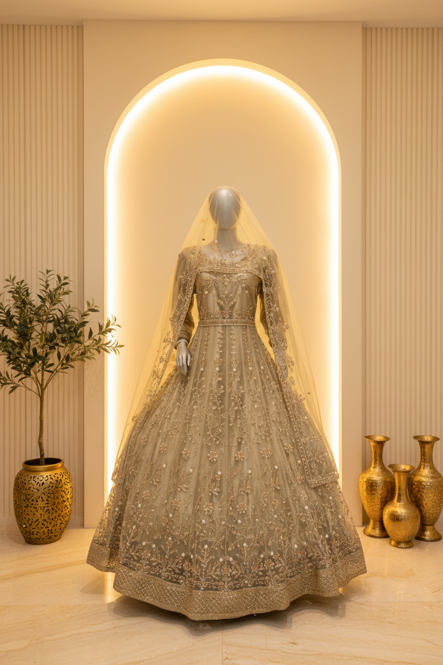 Sage Green Net Anarkali Gown | Gold Silver Sequin Embroidery with Veil — Bridal by Bawany Threads & Style