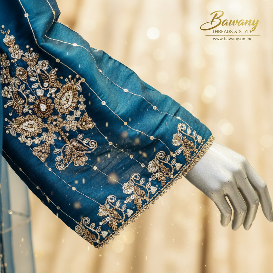 Teal Blue Formal Suit | Vertical Silver Sequin Dots & Central Zardozi Bouquet | 3-Piece Pakistani Formal Wear | Peacock Blue Kurti Palazzo Set | Floral Vine Cuff Border | Matching Teal Dupatta | Eid & Wedding Collection — view 3 — Organza by Bawany Threads & Style