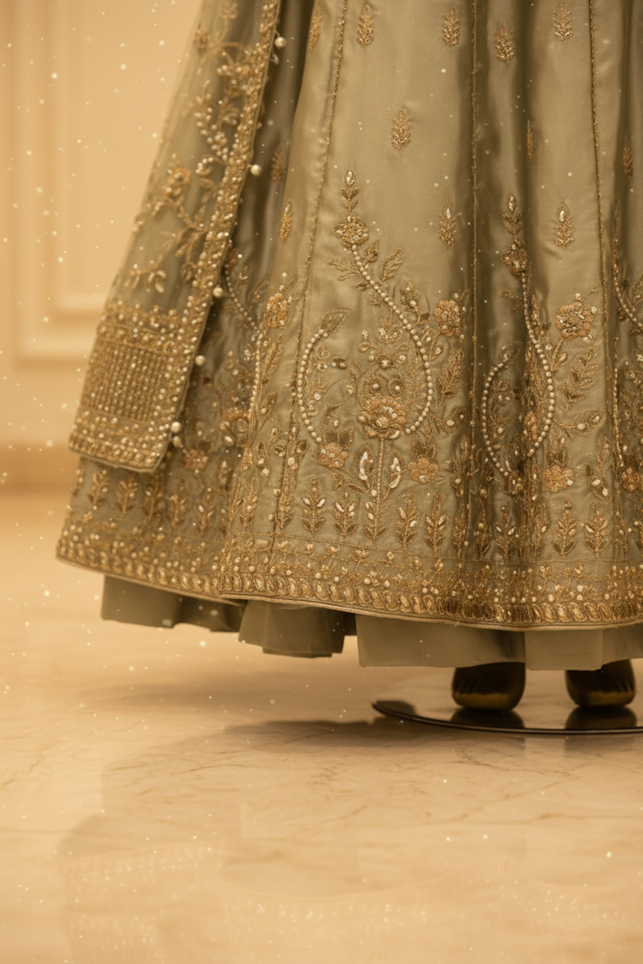 Sage Green Pistachio Silk Anarkali Gown | Pearl Booti Net Jacket with Veil — view 3 — Bridal by Bawany Threads & Style