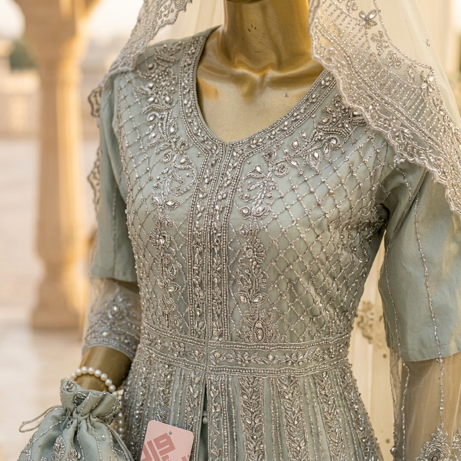 Sage Green Layered Gown | Silver-Tone Floral Embroidery | Pakistani Wedding Wear | Scalloped Hem, Ivory Dupatta & Matching Potli | Wedding Collection — view 4 — Net by Bawany Threads & Style