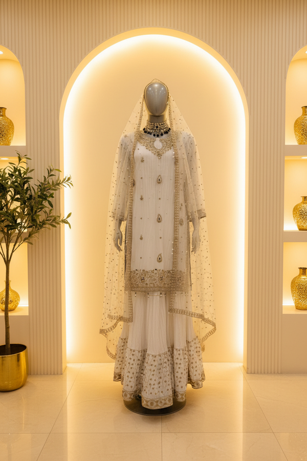Ice White Gold & Black Stone Embroidered Bridal Sharara Set | Nikah & Walima — Bridal by Bawany Threads & Style