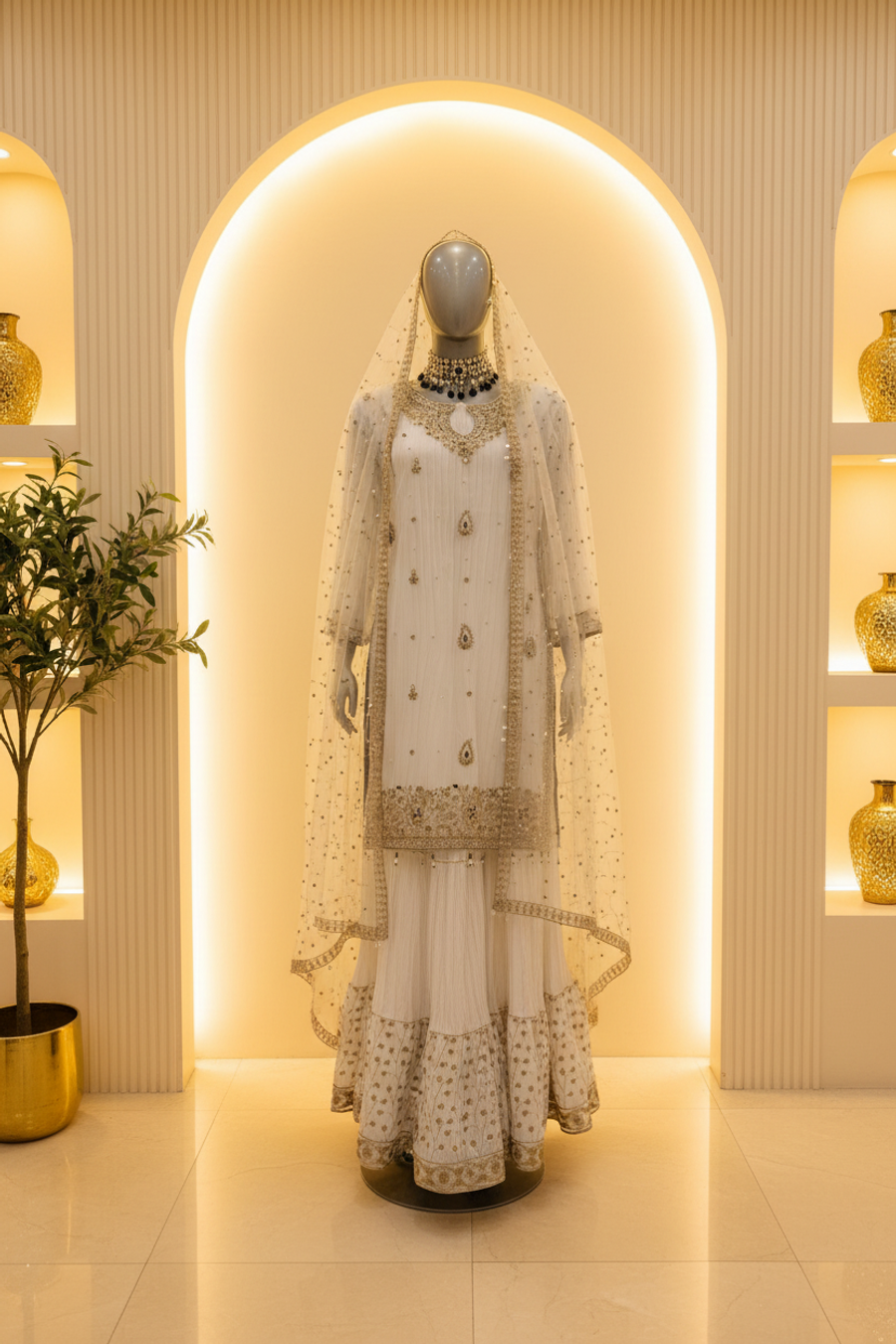 Ice White Gold & Black Stone Embroidered Bridal Sharara Set | Nikah & Walima — Bridal by Bawany Threads & Style