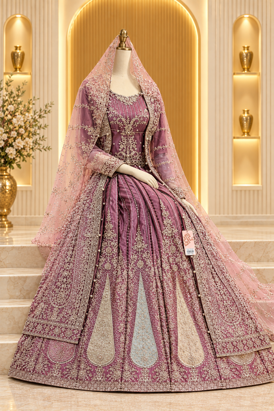 Plum Mauve Formal Gown | Silver-Gold Floral & Paisley Embroidery | 3 Piece Pakistani Formal Maxi | Mint & Ivory Teardrop Panels | Formal Collection — view 3 — Formals by Bawany Threads & Style