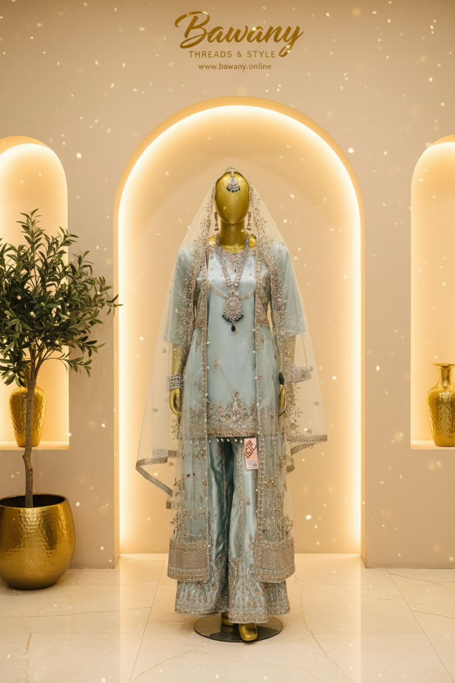 Ice Blue Bridal Palazzo Suit | Silver Zardozi Open Front Jacket & Stone Drop Medallion | 3-Piece Pakistani Formal Wear | Powder Blue Wedding Suit | Walima & Nikah Collection — Organza by Bawany Threads & Style