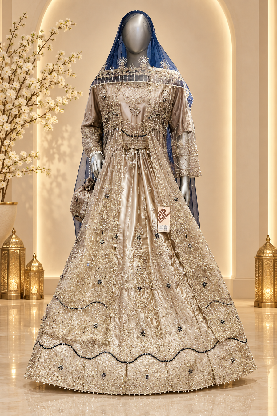 Champagne Gold Embroidered Gown | Metallic Floral Waist & Scalloped Hem | Pakistani Formal Gown | Navy Blue Veil & Matching Potli | Formal Collection — Chiffon by Bawany Threads & Style