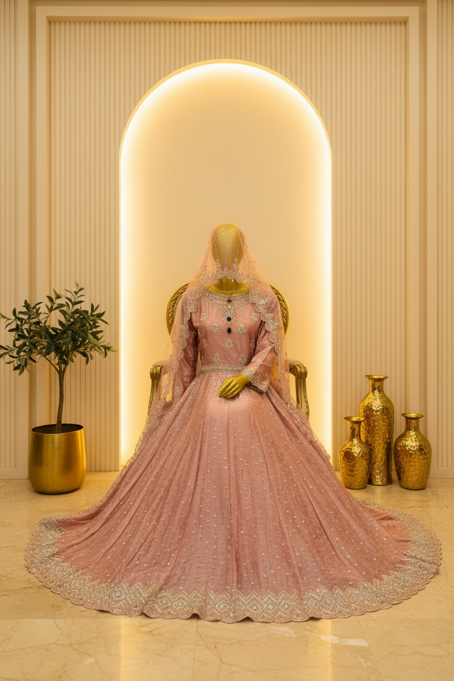 Dusty Rose Mauve Silk Anarkali Gown | Silver Crystal Booti & Jewellery Veil — view 3 — Bridal by Bawany Threads & Style