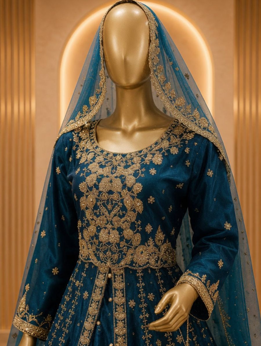 Peacock Blue Heavy Gold Embroidered Bridal Gown with Dupatta & Potli — view 2 — Bridal by Bawany Threads & Style