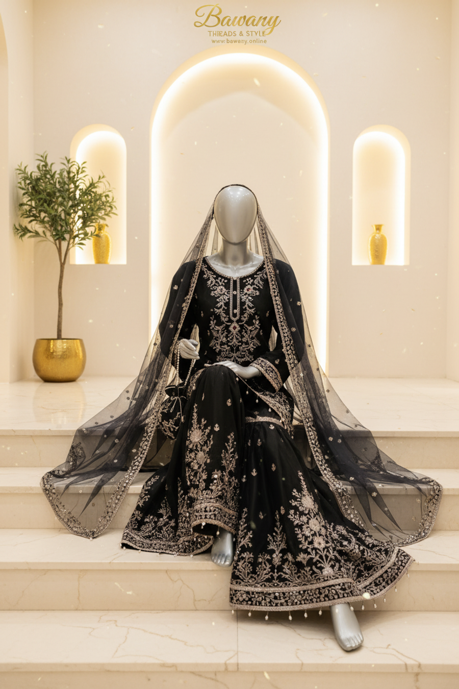 Jet Black Bridal Sharara Set | Tree-of-Life Chest Motif & Silver Yoke Border & Floral Tree Vine Sharara | 3-Piece Pakistani Formal Wear | Black Velvet Georgette Sharara | Pearl Tassel Borders | Round Neckline Pearl Drop | Walima & Formal Collection — view 2 — Organza by Bawany Threads & Style