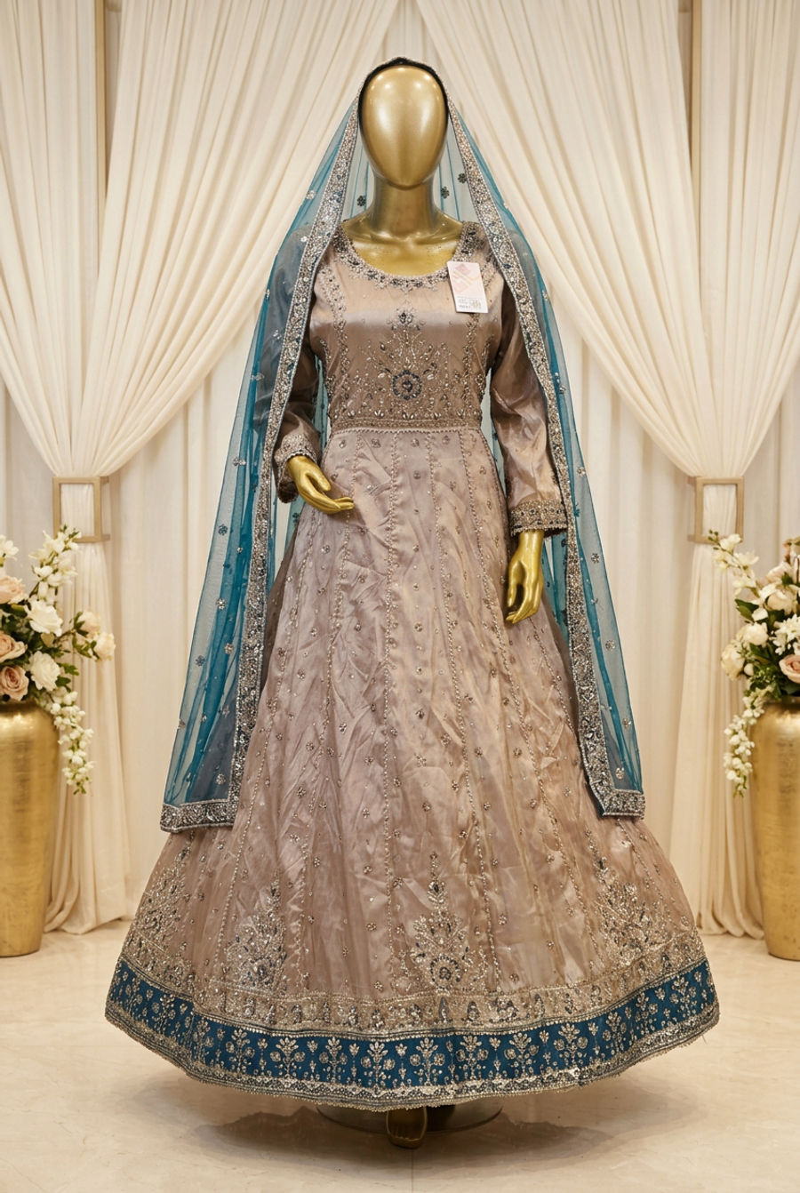 Taupe Champagne Teal Majesty | Floral Embroidery & Teal Statement Border | Pakistani Formal Flared Gown | Sheer Teal Dupatta | BAWANY Collection — Organza by Bawany Threads & Style