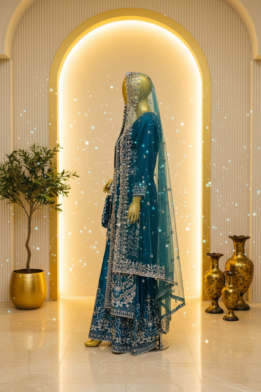 Teal Peacock Blue Silk Gharara Set | Silver Zardozi Floral Vine & Pearl Pendant Neckline — view 3 — Bridal by Bawany Threads & Style