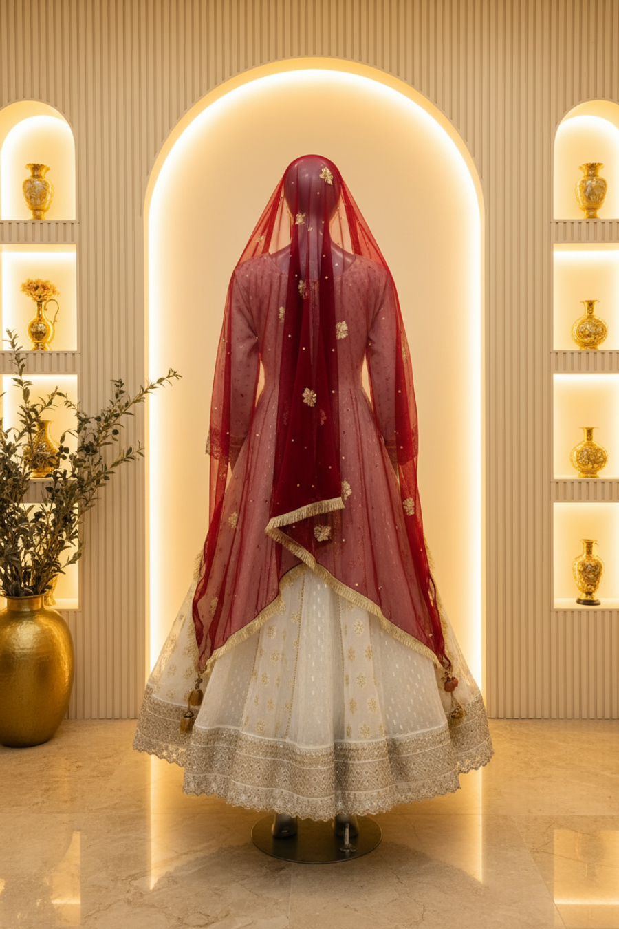 Pearl White Gold Tilla Anarkali Gown with Crimson Red Dupatta — view 4 — Bridal by Bawany Threads & Style