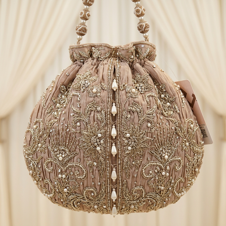 Blush Taupe Pearl Cascade | Floral Embroidery & Scalloped Hem | Pakistani Formal Open-Front Gown | Champagne Dupatta & Matching Potli | BAWANY Collection — view 3 — Organza by Bawany Threads & Style