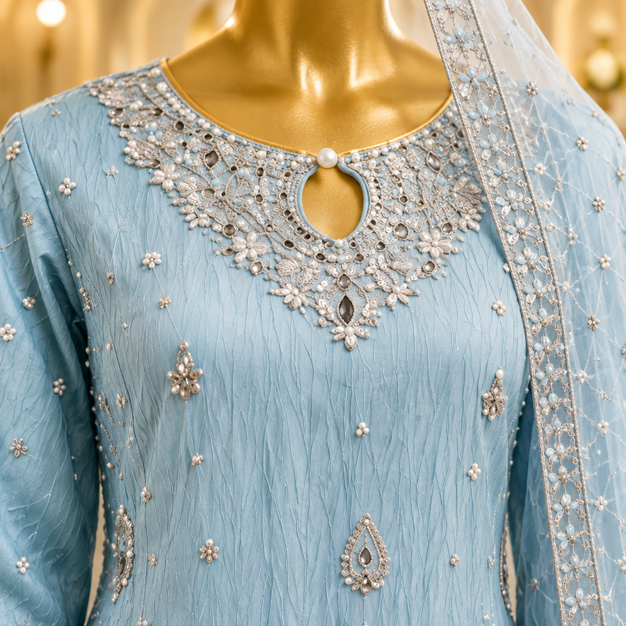 Powder Blue Embroidered Sharara Set | Silver & Pearl Neckline Work | 3 Piece Pakistani Formal Sharara | Sheer Dupatta & Matching Potli | Formal Collection — view 4 — Organza by Bawany Threads & Style