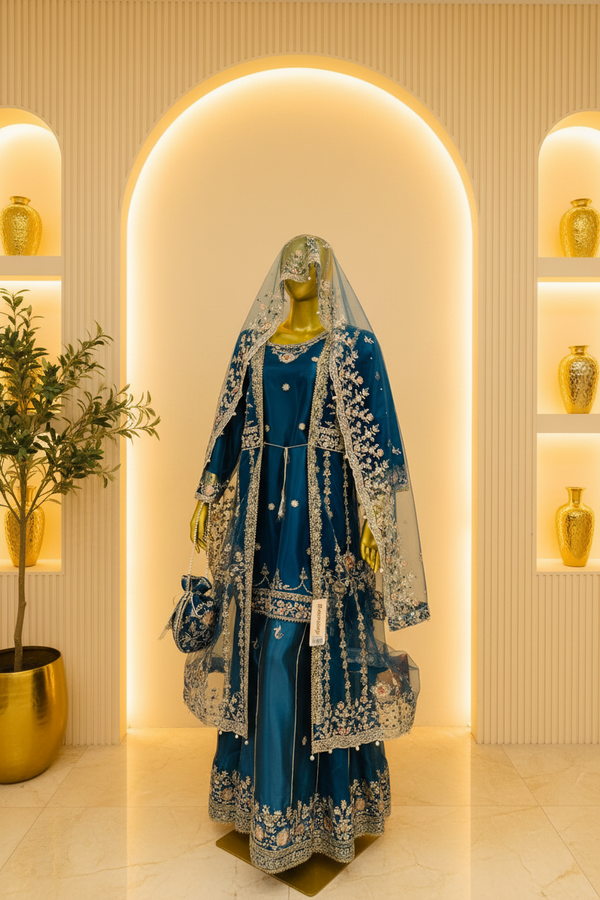 Teal Blue Velvet Gharara Set | Embroidered Net Shrug with Veil & Potli Bag — Bridal by Bawany Threads & Style