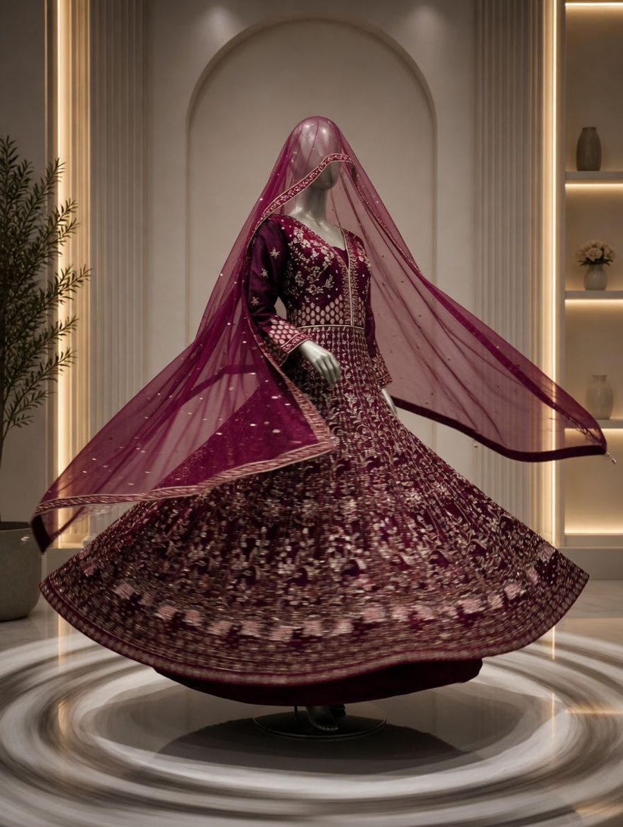 Deep Maroon Heavy Silver and Golden Embroidered Bridal Gown with Dupatta — view 2 — Bridal by Bawany Threads & Style