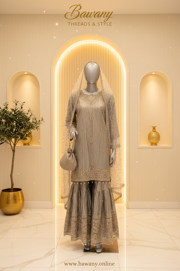 Silver Grey Crinkle Net Bridal Sharara Suit | Gold Zardozi Floral Brooches & Tiered Pearl Drop Fringe | 3-Piece Pakistani Formal Wear | Platinum Grey Wedding Suit | Walima & Nikah Collection — Formals by Bawany Threads & Style