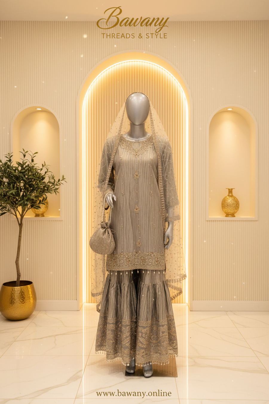 Silver Grey Crinkle Net Bridal Sharara Suit | Gold Zardozi Floral Brooches & Tiered Pearl Drop Fringe | 3-Piece Pakistani Formal Wear | Platinum Grey Wedding Suit | Walima & Nikah Collection — Formals by Bawany Threads & Style