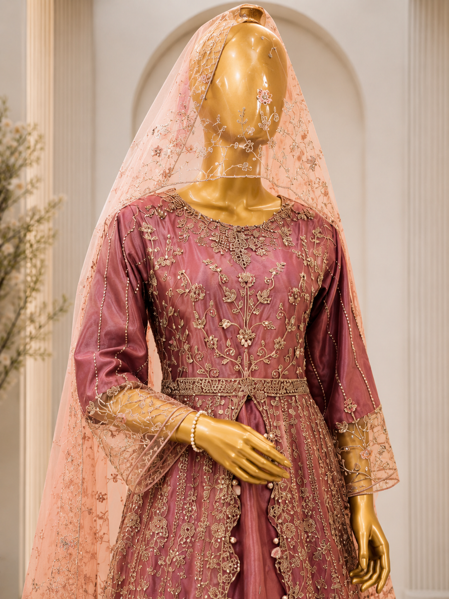Dusty Rose Pink Heavy Embroidered Bridal Gown with Dupatta & Potli — view 2 — Bridal by Bawany Threads & Style
