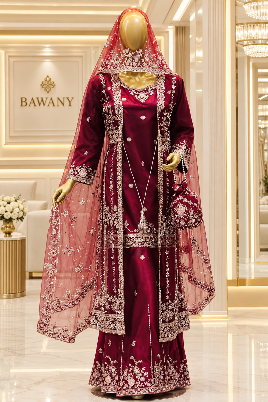 Deep Maroon Royal Bloom | Metallic Floral Embroidery & Long Overlay | Pakistani Formal Ensemble | Sheer Dupatta & Matching Potli | BAWANY Collection — Organza by Bawany Threads & Style